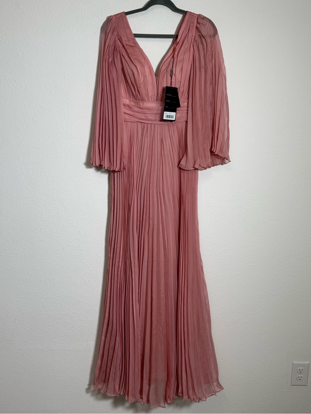 Cinderella Divine Rose Gold Pleated Chiffon Formal Gown Long Sleeve Maxi 10 Nwt
